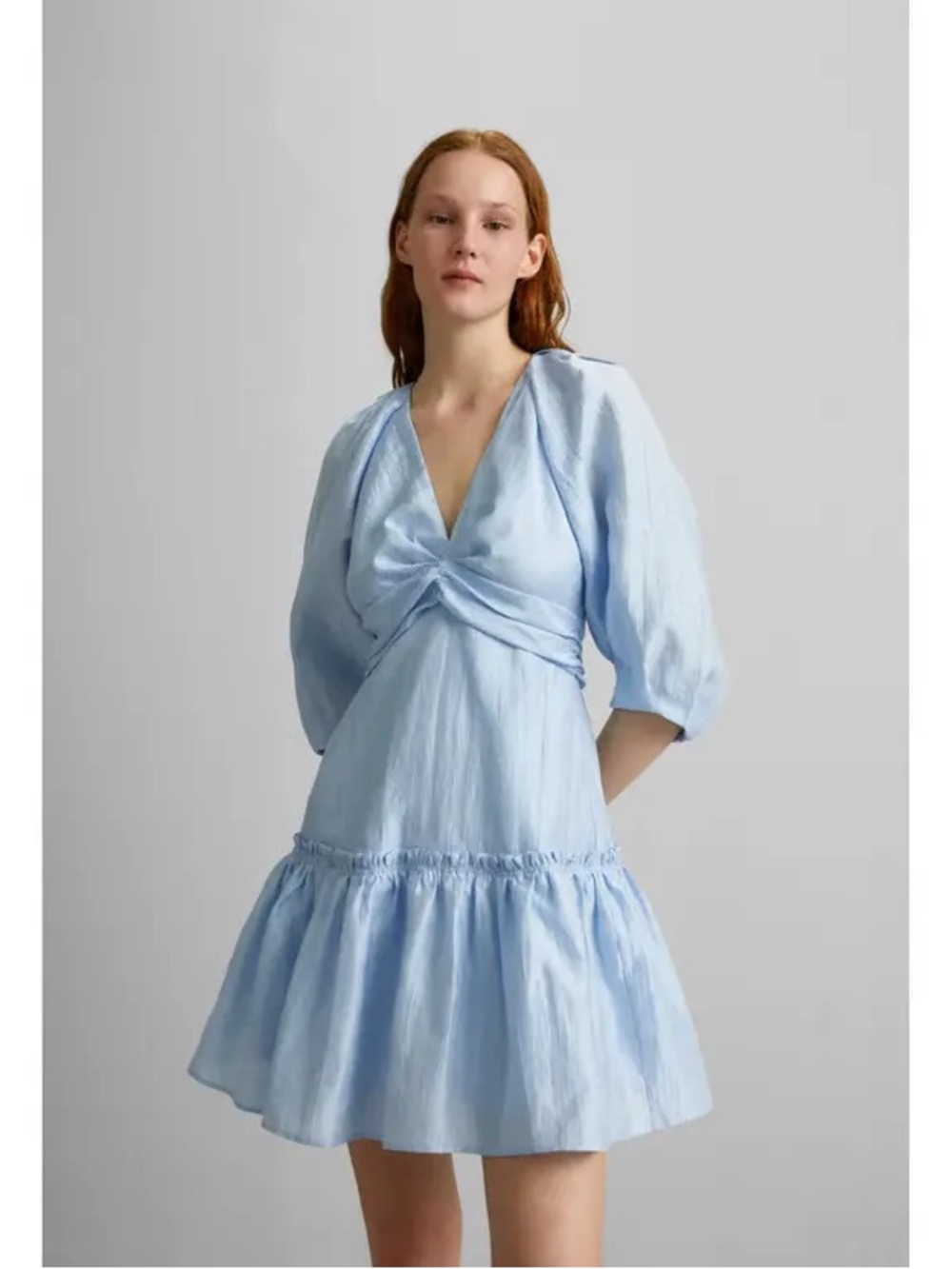 Sandro Blue Gathered Tourmaline Linen Blend Ruffle Hem Mini Dress FR 42/US 10(L)